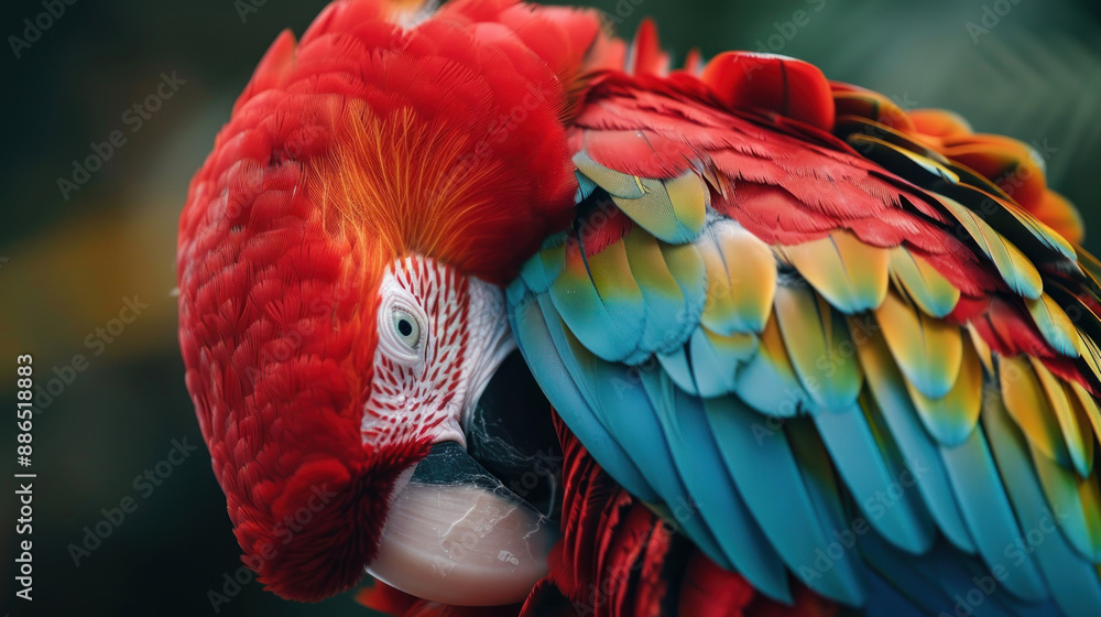 Obraz premium Extreme close-up of a parrot preening its feathers in the wild