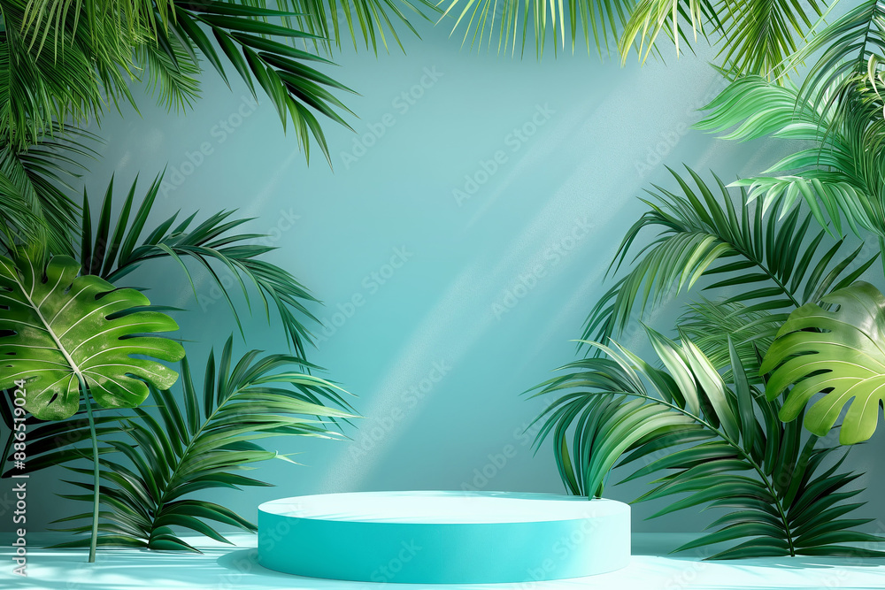Empty Podium With Tropical Palm Trees and Green Wall in Sunlight