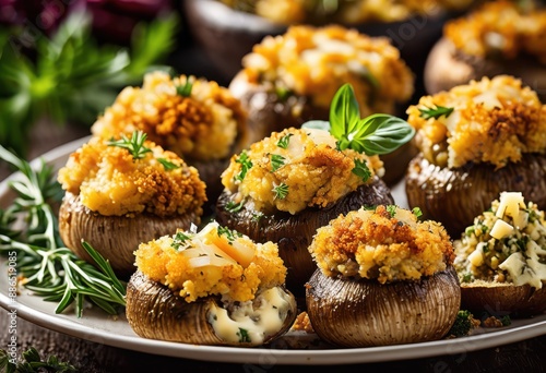 delicious gourmet stuffed mushrooms herbed breadcrumbs, savory, appetizer, baked, cheese, vegetarian, side, dish, tasty, cooking, culinary, aromatic, flavorful photo