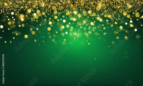 Dark green abstract background with a bokeh circle and shiny stars. New year, birthday, holidays celebration.