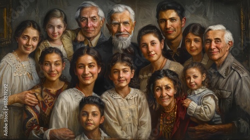 Vintage family portrait with multiple generations, showcasing diverse ages, happy expressions, and a strong sense of unity and heritage.