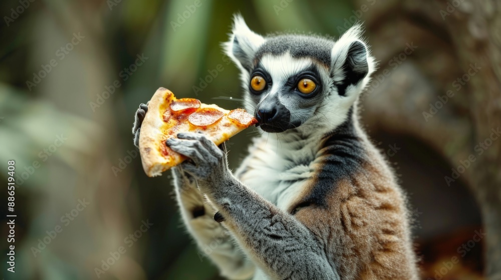 Obraz premium image of a lemur holding a slice of pepperoni pizza in a lush, tropical forest, with a surprised expression, playful and whimsical concept, horizontal photo, defocus