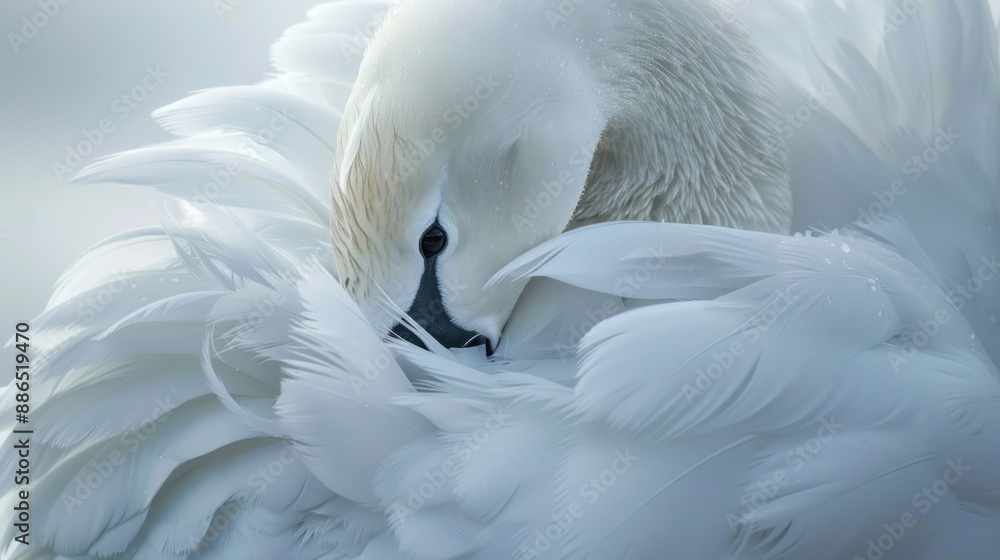 Fototapeta premium Extreme close-up of a white swan preening its feathers in the wild