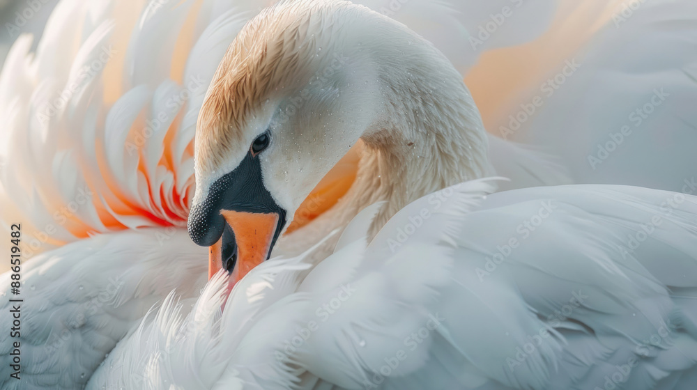 Fototapeta premium Extreme close-up of a white swan preening its feathers in the wild