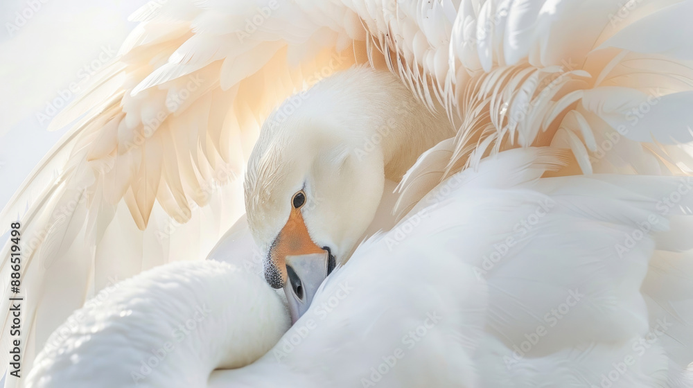 Obraz premium Extreme close-up of a white swan preening its feathers in the wild