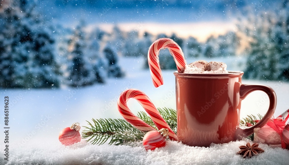 Winter theme festive coffee scene with a holiday mug, candy canes, and a snowy background Winter theme festive coffee scene with a holiday mug, candy canes, and a snowy background