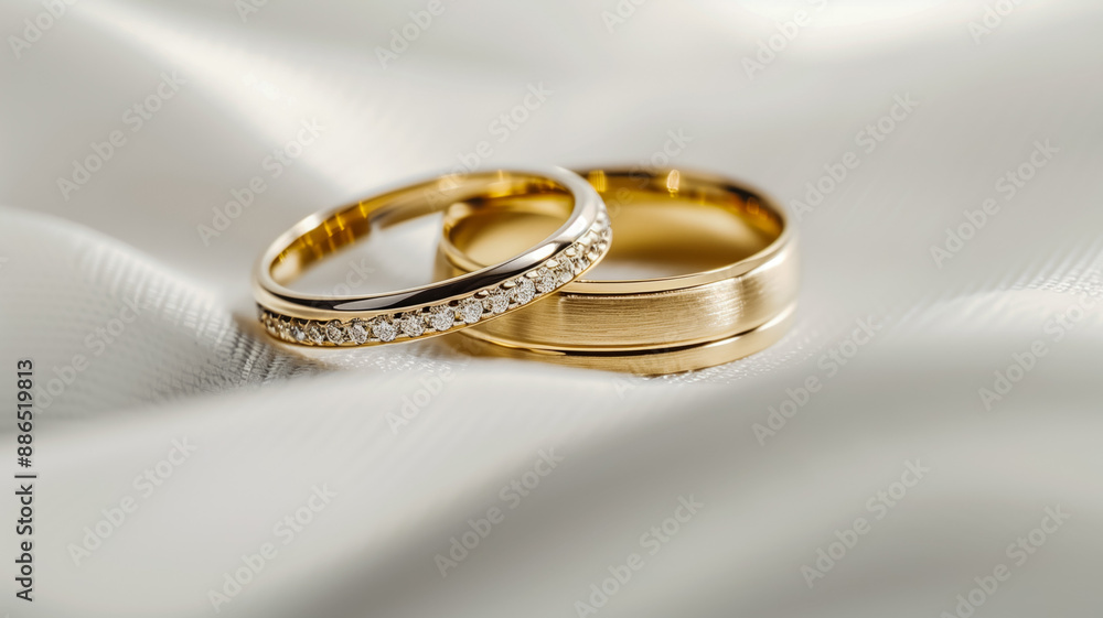 Close-up of elegant wedding rings on white fabric background Close-up of elegant wedding rings on white fabric background