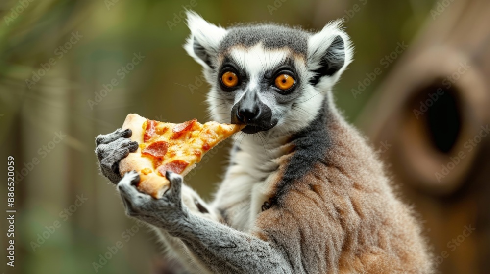 Obraz premium image of a lemur holding a slice of pepperoni pizza in a lush, tropical forest, with a surprised expression, playful and whimsical concept, horizontal photo, defocus