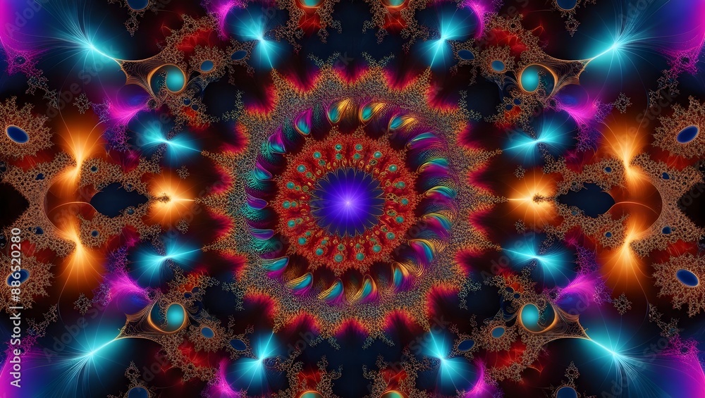 Fototapeta premium Intricate Mandala Fractal Art in Vivid Colors Abstract Background