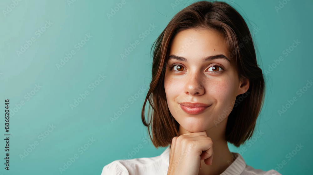 Girlish manager with bob brown hair, touching chin, looking intrigued, isolated on cyan background Girlish manager with bob brown hair, touching chin, looking intrigued, isolated on cyan background