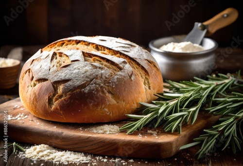 rustic sourdough bread wooden cutting board displayed, homemade, artisan, fresh, baked, loaf, crusty, kitchen, table, organic, natural, traditional