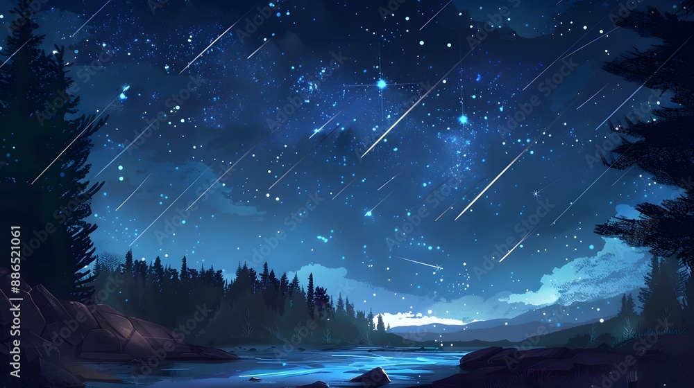 A breathtaking view of a starry night sky with shooting stars, perfect for dreamy and imaginative designs. A breathtaking view of a starry night sky with shooting stars, perfect for dreamy and imaginative designs.