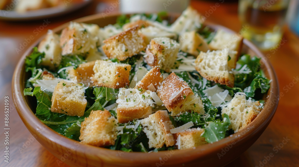 Healthy Caesar salad with kale and romaine mix, parmesan cheese, and homemade croutons Healthy Caesar salad with kale and romaine mix, parmesan cheese, and homemade croutons