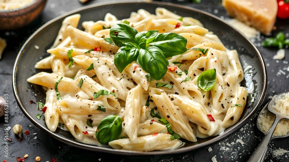 Rustic Italian pasta with creamy Alfredo sauce and fresh basil Rustic Italian pasta with creamy Alfredo sauce and fresh basil