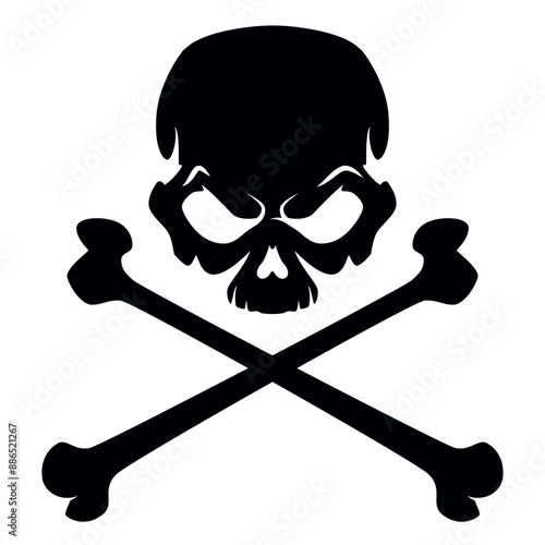 skull and crossbones, black and white vector illustration of human skull with crossed bones, isolated on white