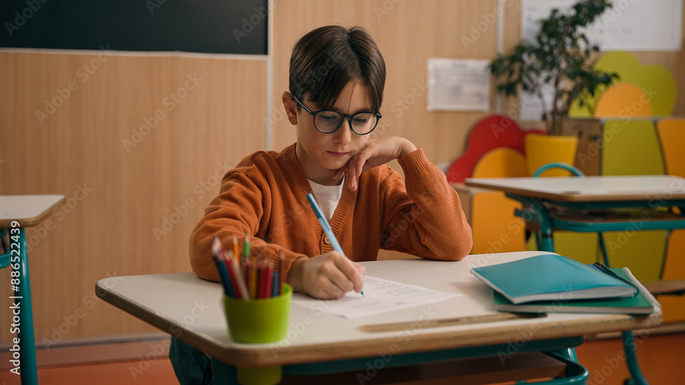 Back to school elementary primary education studying Caucasian boy ...