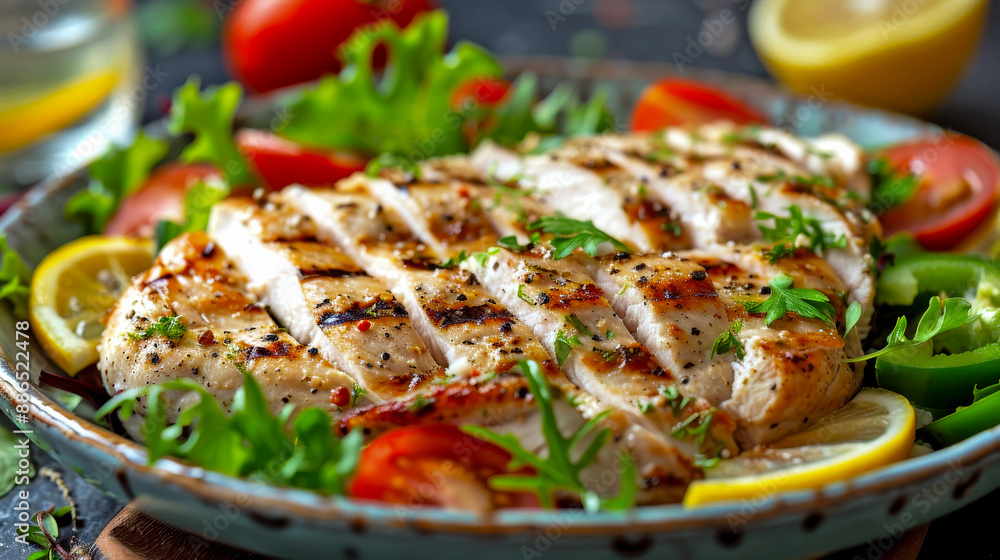 Grilled chicken breast served on a bed of fresh lettuce, tomatoes and lemon slices Grilled chicken breast served on a bed of fresh lettuce, tomatoes and lemon slices