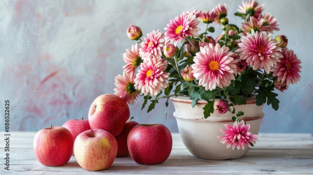 Pink Chrysanthemums and Red Apples Still Life Pink Chrysanthemums and Red Apples Still Life