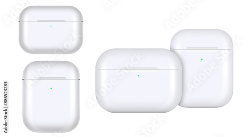 a realistic vector illustration of white earphones inside a charging case.