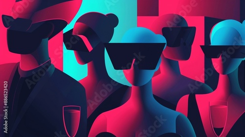 An underground club with neon lights, guests wearing elaborate masks, and an overall aura of secrecy and excitement as they dance and mingle, flat design illustration