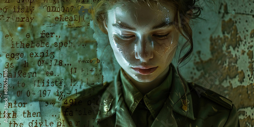 Codebreaking Contemplation: A woman in a military uniform, intense concentration written on her face, studying a cipher.