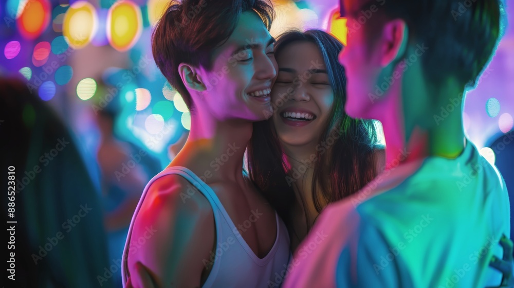 Group of multiethnic friends having a great time, dancing and laughing at a fun party with colorful blurred background of city lights at night Group of multiethnic friends having a great time, dancing and laughing at a fun party with colorful blurred background of city lights at night