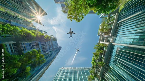 airplane in the sky of urban Oasis Harmonizing Nature and Architecture in the Cityscape