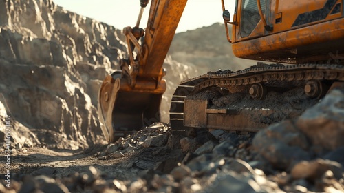 Bucket of yellow excavator work with ground closeup on sunny day