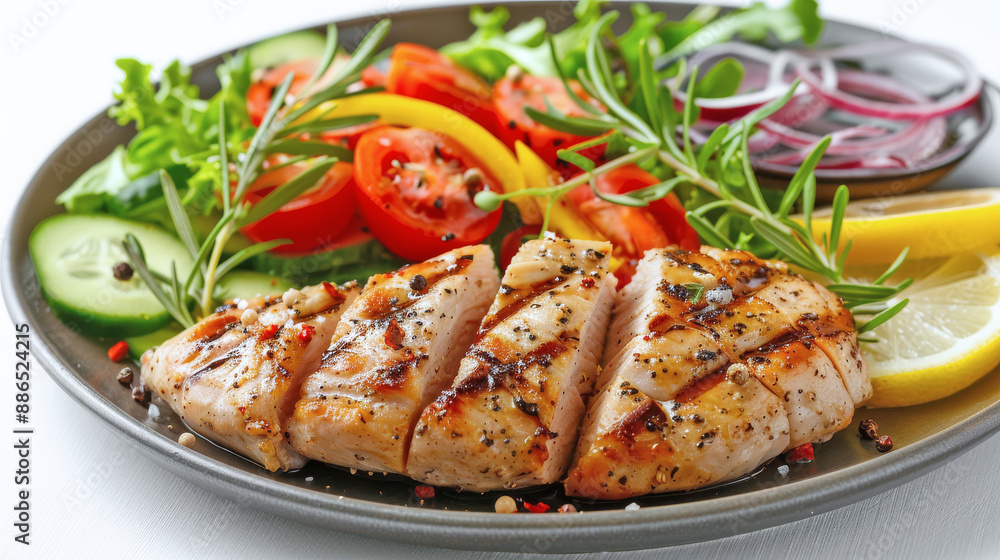 Sliced grilled chicken breast is served on a plate with fresh vegetables and lemon Sliced grilled chicken breast is served on a plate with fresh vegetables and lemon
