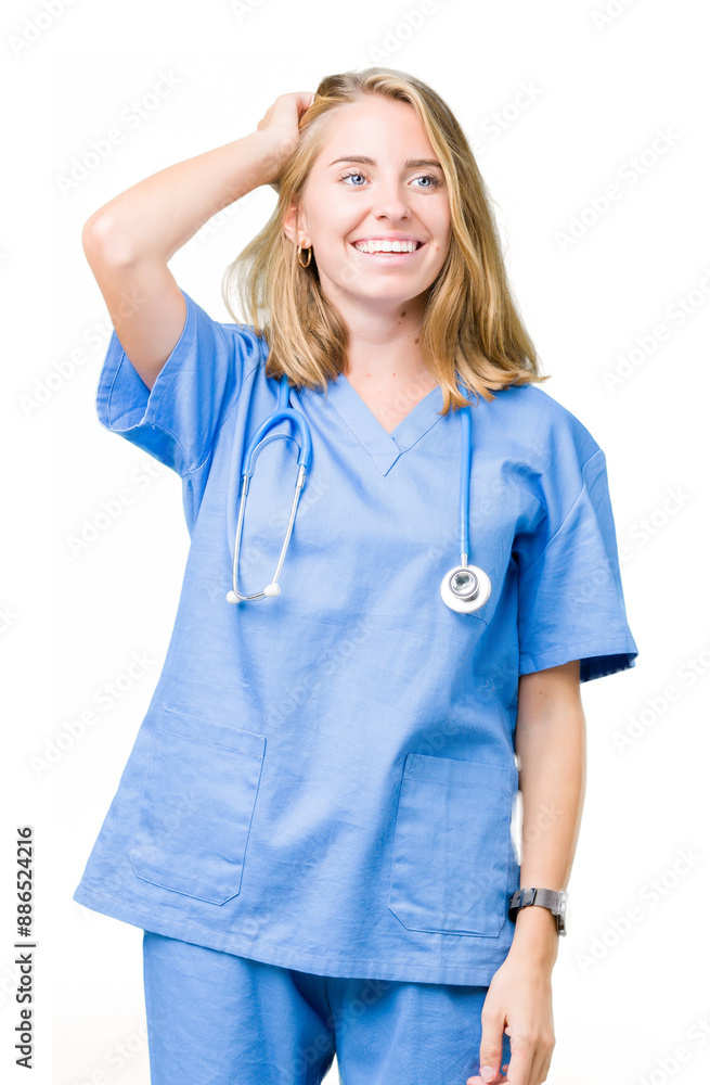Beautiful young doctor woman wearing medical uniform over isolated background Smiling confident touching hair with hand up gesture, posing attractive Beautiful young doctor woman wearing medical uniform over isolated background Smiling confident touching hair with hand up gesture, posing attractive