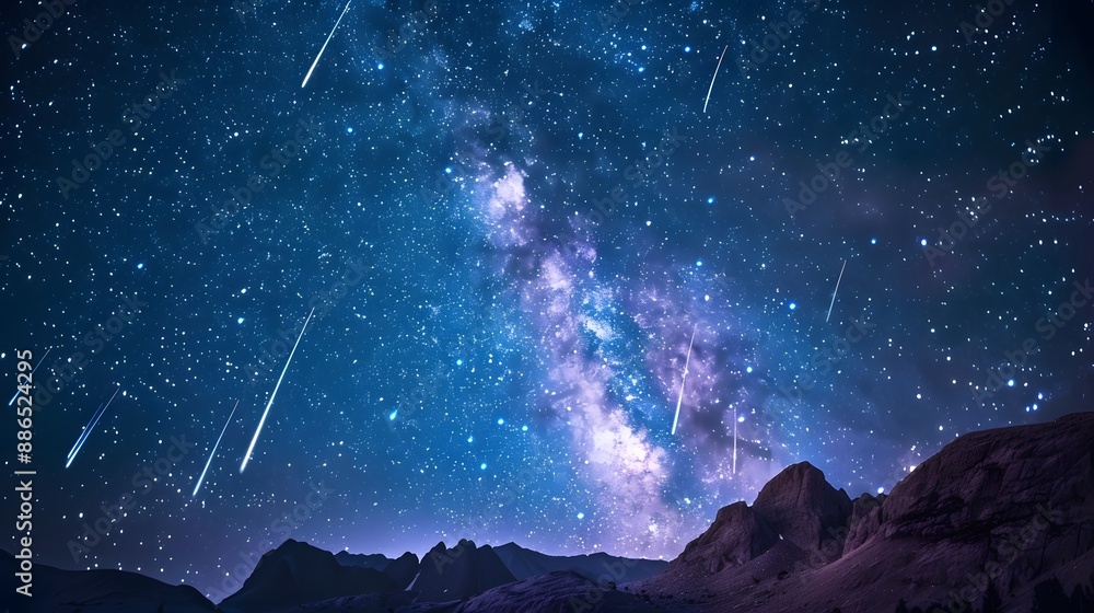 A breathtaking view of a starry night sky with shooting stars, perfect for dreamy and imaginative designs. A breathtaking view of a starry night sky with shooting stars, perfect for dreamy and imaginative designs.