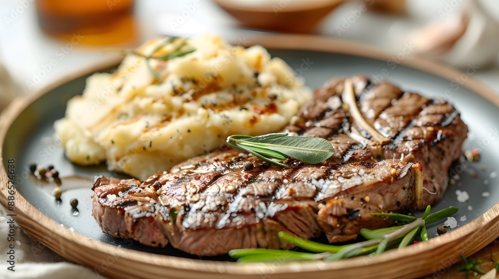 Juicy steak grilled to perfection with a side of garlic mashed potatoes Juicy steak grilled to perfection with a side of garlic mashed potatoes