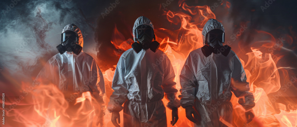 Three figures don protective suits and masks, standing confidently against a background of dramatic, billowing smoke and flames. Three figures don protective suits and masks, standing confidently against a background of dramatic, billowing smoke and flames.