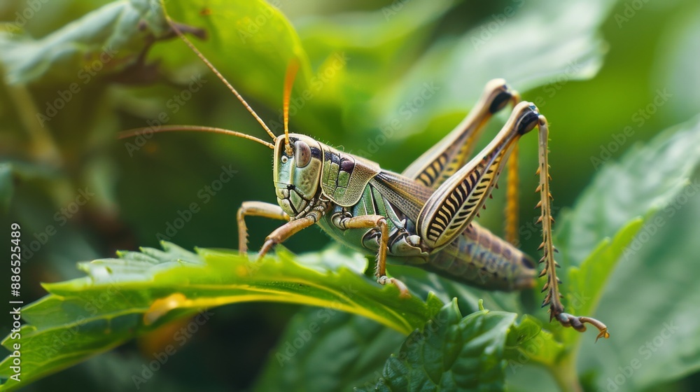 A grasshopper sitting on a green leaf, ready to jump. A grasshopper sitting on a green leaf, ready to jump.