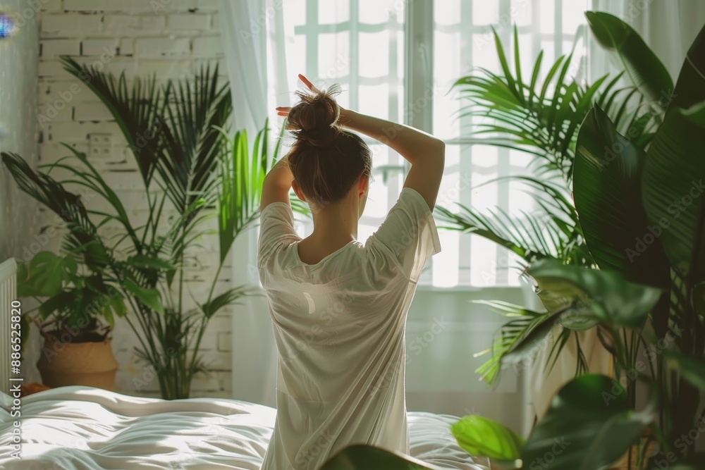 A young woman sits on the bed in her beautiful, bright bedroom with green plants and a clock enjoying the morning A young woman sits on the bed in her beautiful, bright bedroom with green plants and a clock enjoying the morning