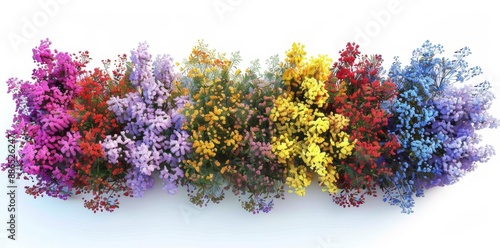 Flowers plants of Bombax Cebia, Bougnevilla, Bougnevilla, Brunfelsia Americana rendered from the top view, 3D illustration, for digital compositions, illustration, 2D plans, architectural photo