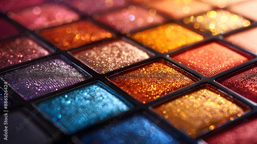 Vibrant eyeshadow palette, warm color spectrum, golden hour lighting, soft focus, rich pigments, shimmering textures, cozy makeup studio atmosphere, close-up detail. Vibrant eyeshadow palette, warm color spectrum, golden hour lighting, soft focus, rich pigments, shimmering textures, cozy makeup studio atmosphere, close-up detail.
