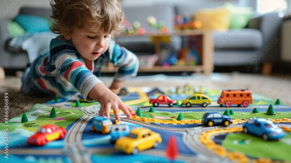 a Child playing with toy cars and trains on a play mat with minimalist background a Child playing with toy cars and trains on a play mat with minimalist background