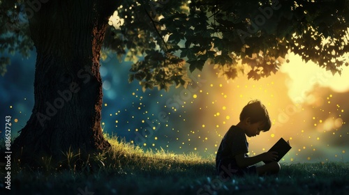 Fototapeta Naklejka Na Ścianę i Meble -  a Child reading under a tree in a park with minimalist background