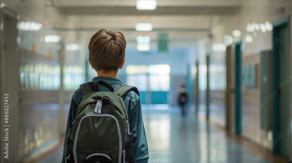 a Child walking down a school hallway with backpacks a Child walking down a school hallway with backpacks