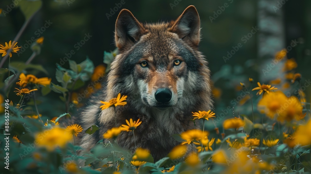 Wolf portrait, piercing eyes, wild canine, lush green foliage, yellow wildflowers, dense forest background, golden hour lighting, soft bokeh, wildlife photography, sharp focus on wolf's face. Wolf portrait, piercing eyes, wild canine, lush green foliage, yellow wildflowers, dense forest background, golden hour lighting, soft bokeh, wildlife photography, sharp focus on wolf's face.