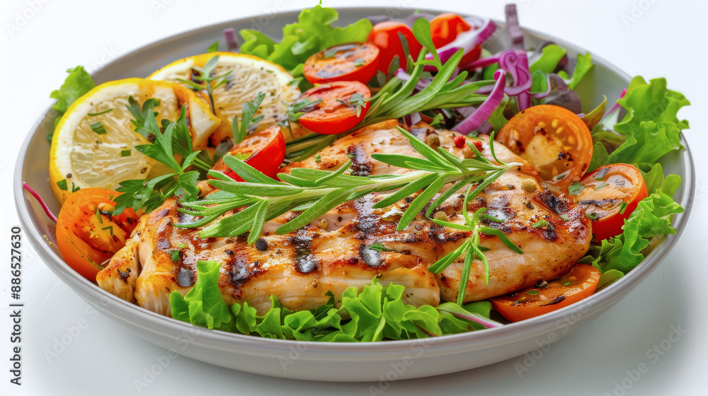 Grilled chicken breast lying on fresh salad with herbs and lemon slices, healthy eating concept Grilled chicken breast lying on fresh salad with herbs and lemon slices, healthy eating concept
