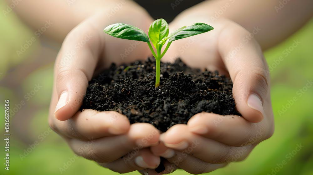 Human palms hold soil with a green small plant as a concept for business development. AI Generated Human palms hold soil with a green small plant as a concept for business development. AI Generated