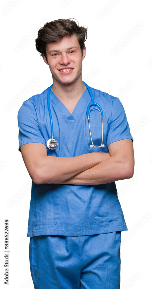 Young doctor wearing medical uniform over isolated background happy face smiling with crossed arms looking at the camera. Positive person. Young doctor wearing medical uniform over isolated background happy face smiling with crossed arms looking at the camera. Positive person.