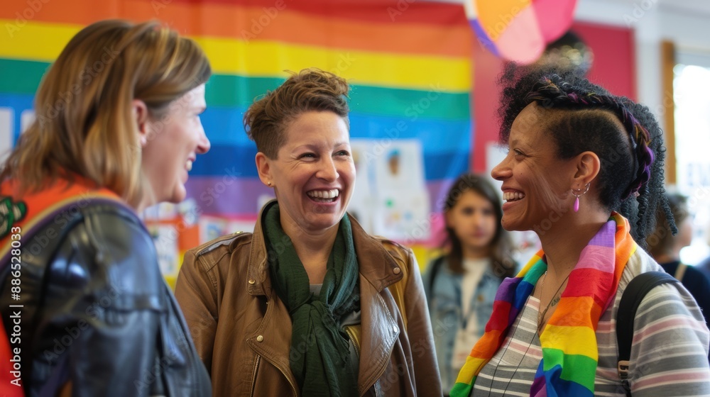 Three women are laughing and smiling at each other Three women are laughing and smiling at each other