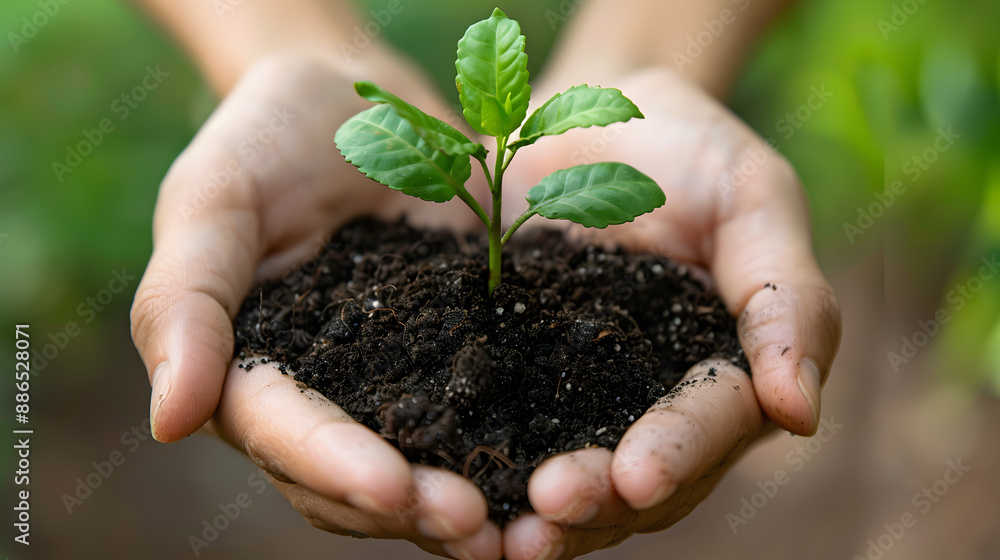 Human palms hold soil with a green small plant as a concept for business development. AI Generated Human palms hold soil with a green small plant as a concept for business development. AI Generated