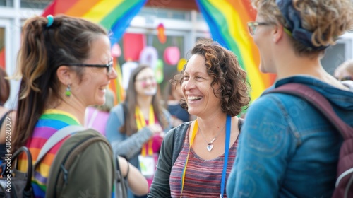 Three women are smiling and laughing together