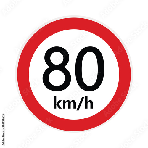 80 KM Speed limit highway sign. Eighty kilometers per hour traffic road sign. Restriction sign for car drivers not to exceed the speed over 80 kilometers per hour. Vector illustration