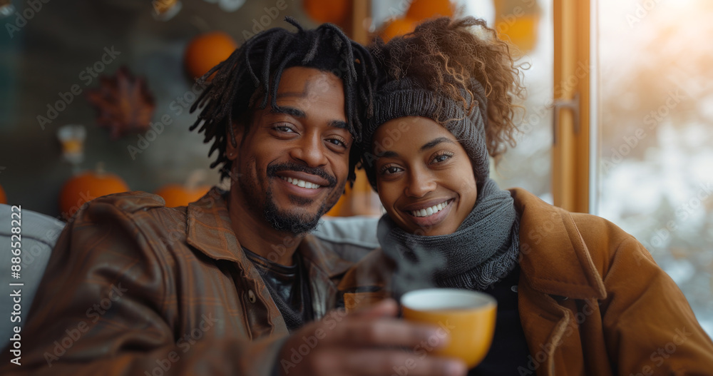 A couple smiles and looks at the camera while holding a cup of coffee. They are both wearing winter clothes and sitting by a window with a view of a snowy landscape. A couple smiles and looks at the camera while holding a cup of coffee. They are both wearing winter clothes and sitting by a window with a view of a snowy landscape.