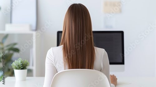 Woman with long hair sits at a desk, working on a computer in a modern office with white interior and minimalist decor.